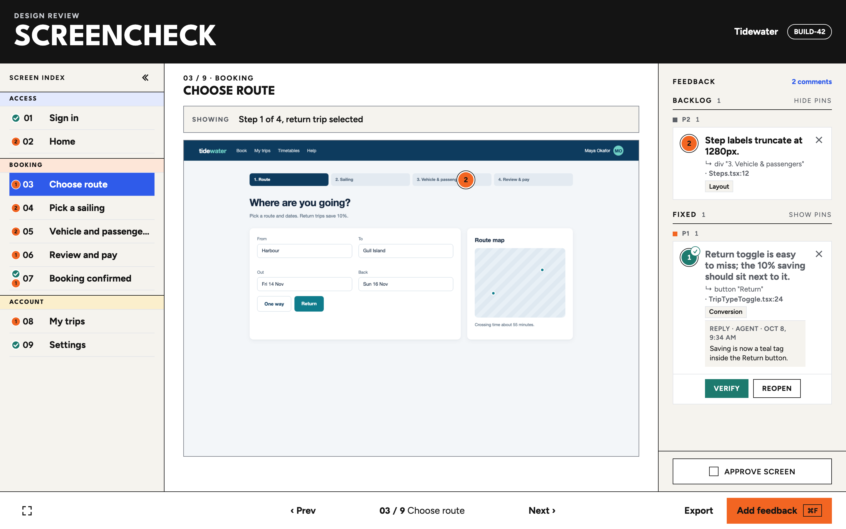 The Choose route screen. Under Fixed, a teal pin's card shows the note, the element under the pin (button Return, TripTypeToggle.tsx:24), the agent's latest reply, and Verify and Reopen buttons.