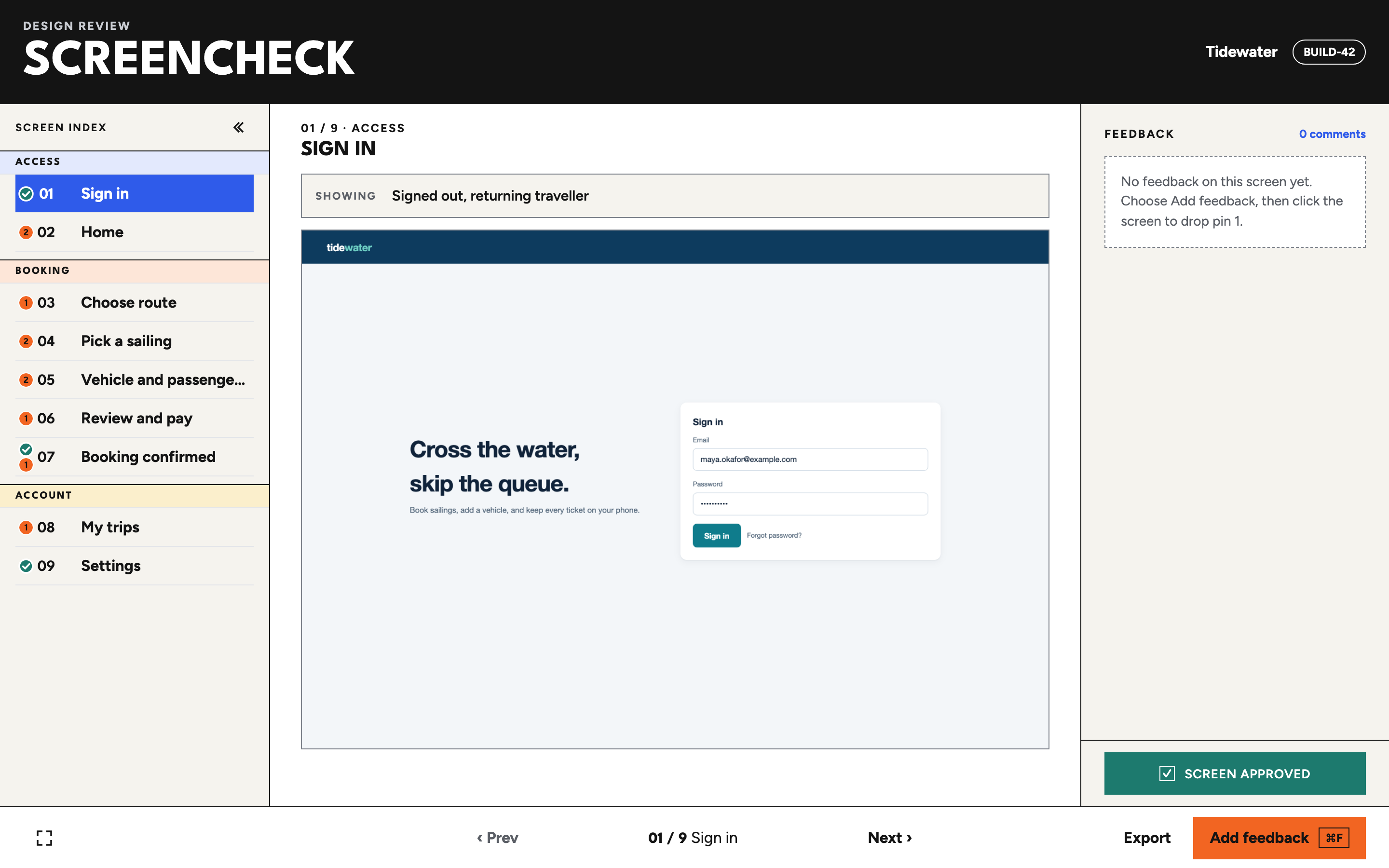 The Sign in screen with the Screen approved button in teal at the bottom of the feedback panel. The screen index shows checks next to screens 1, 7 and 9.