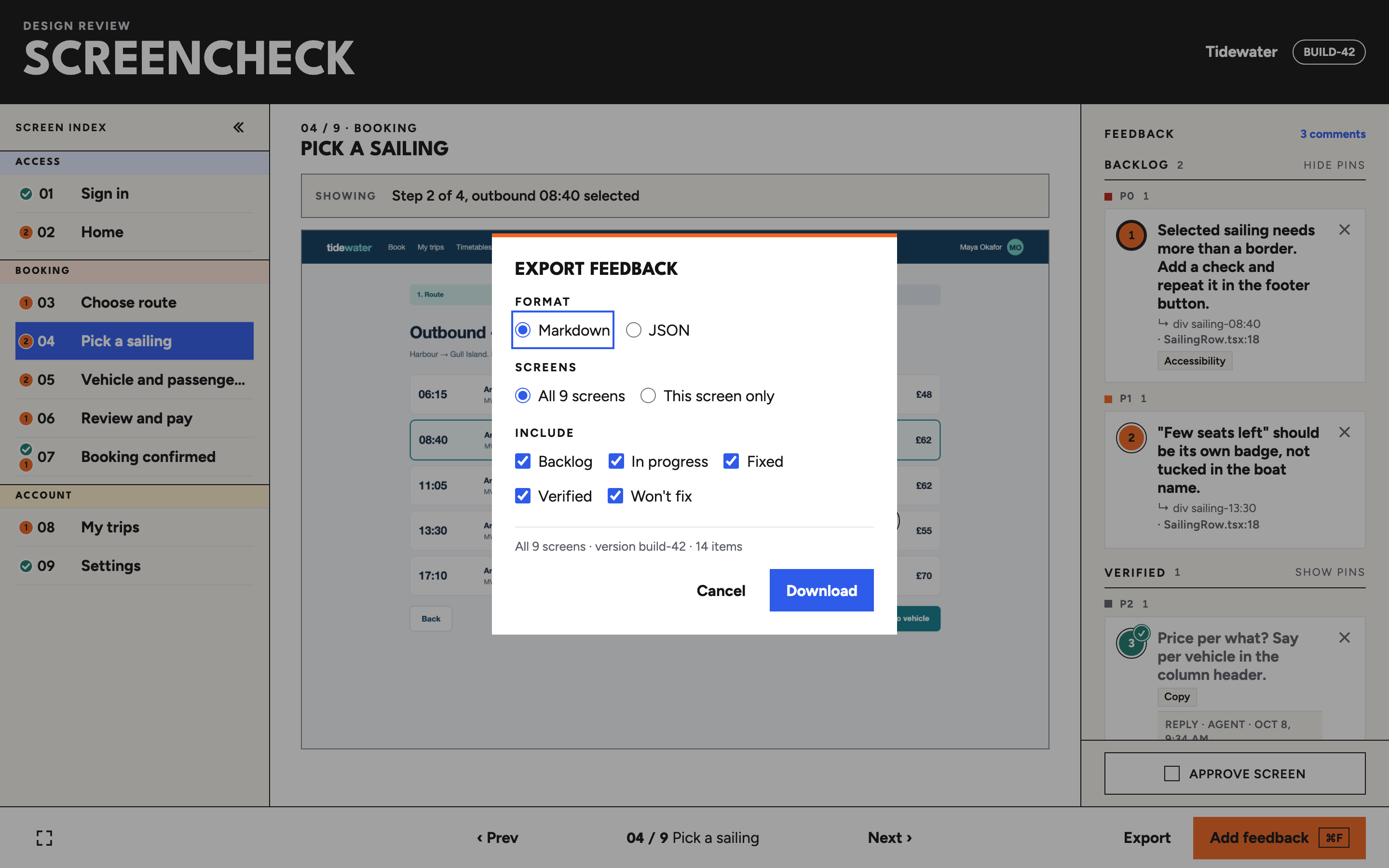 The Export feedback dialog with Markdown selected, All 9 screens, and Backlog, In progress, Fixed and Won't fix all checked. The footer reads: All 9 screens, version build-42, 14 items.