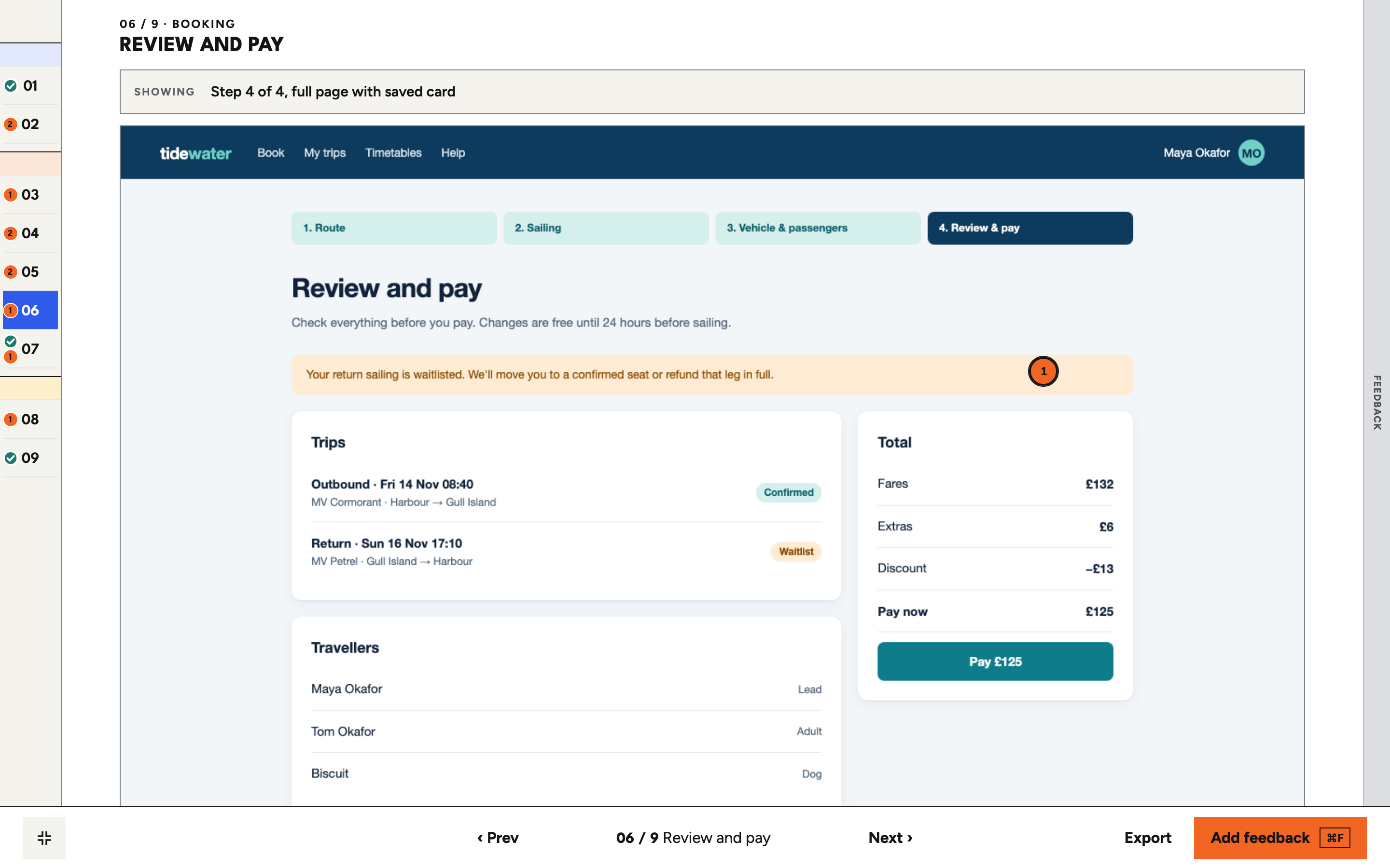 Fullscreen mode on the Review and pay screen. A narrow numbered strip runs down the left edge with checks and counts, and a Feedback tab sits on the right edge.