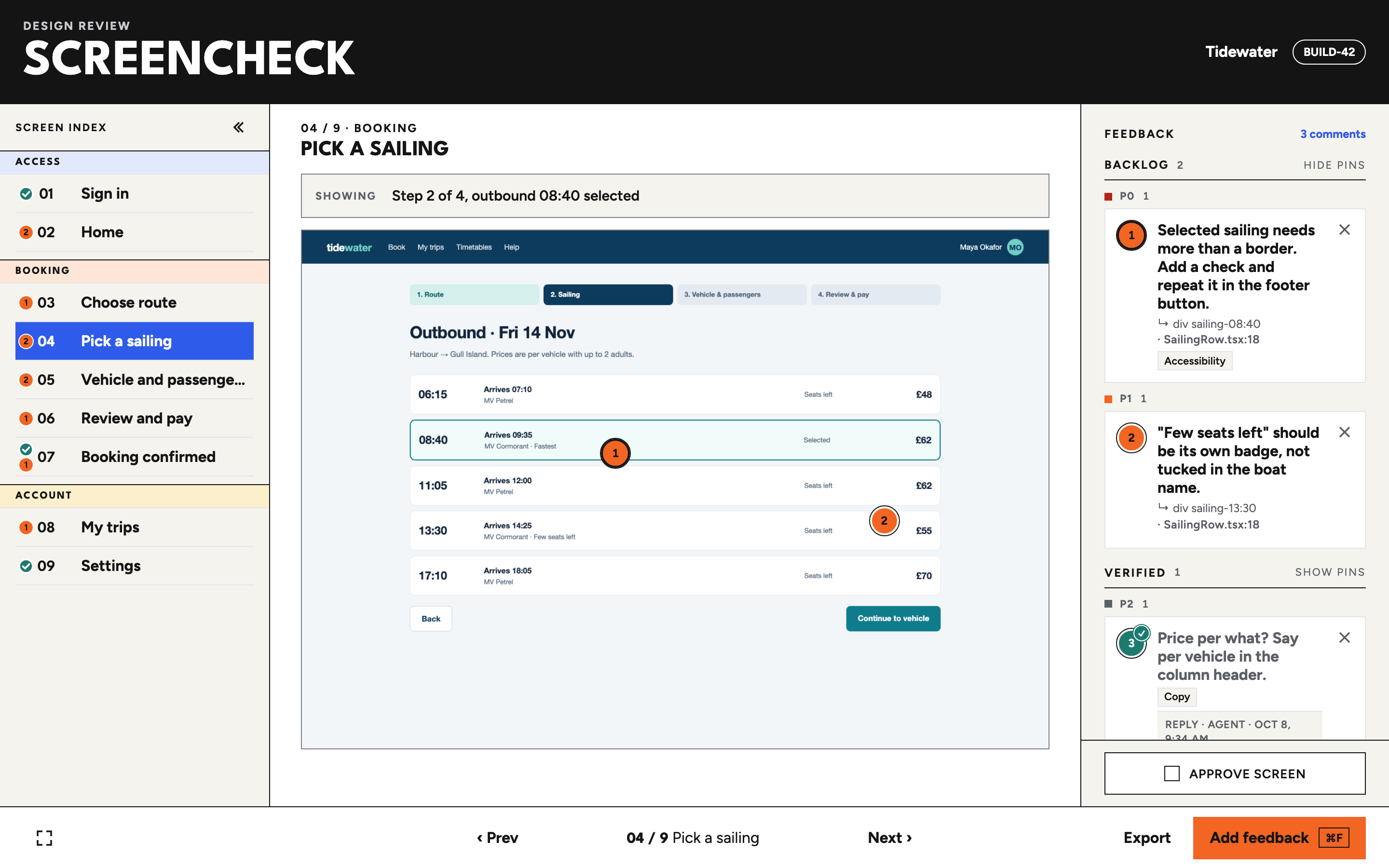 ScreenCheck reviewing a ferry-booking app. A screen index on the left lists nine screens with approval checks and open-comment counts, the middle shows the 'Pick a sailing' capture with two orange pins, and the right panel groups the comments by status and priority.
