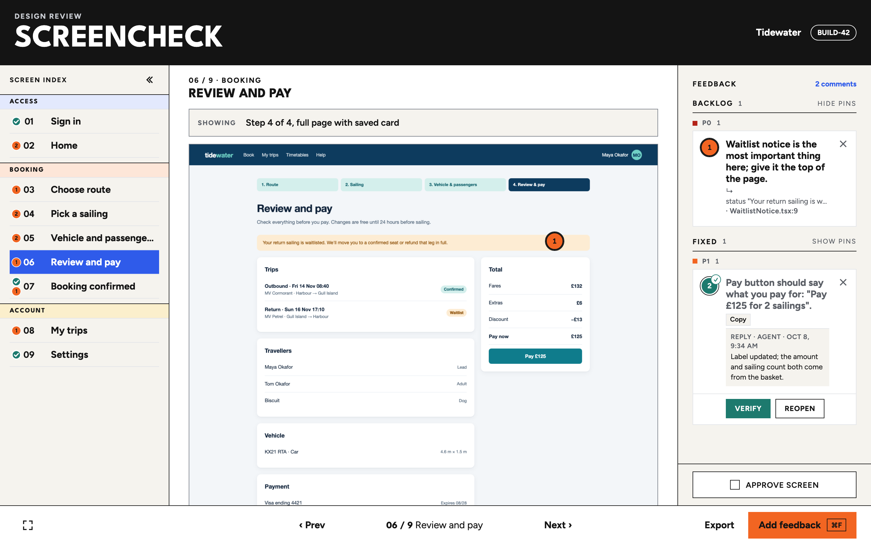 The Review and pay screen captured as one long page, with the site footer at the very bottom of the capture and a Showing strip above it reading: Step 4 of 4, full page with saved card.
